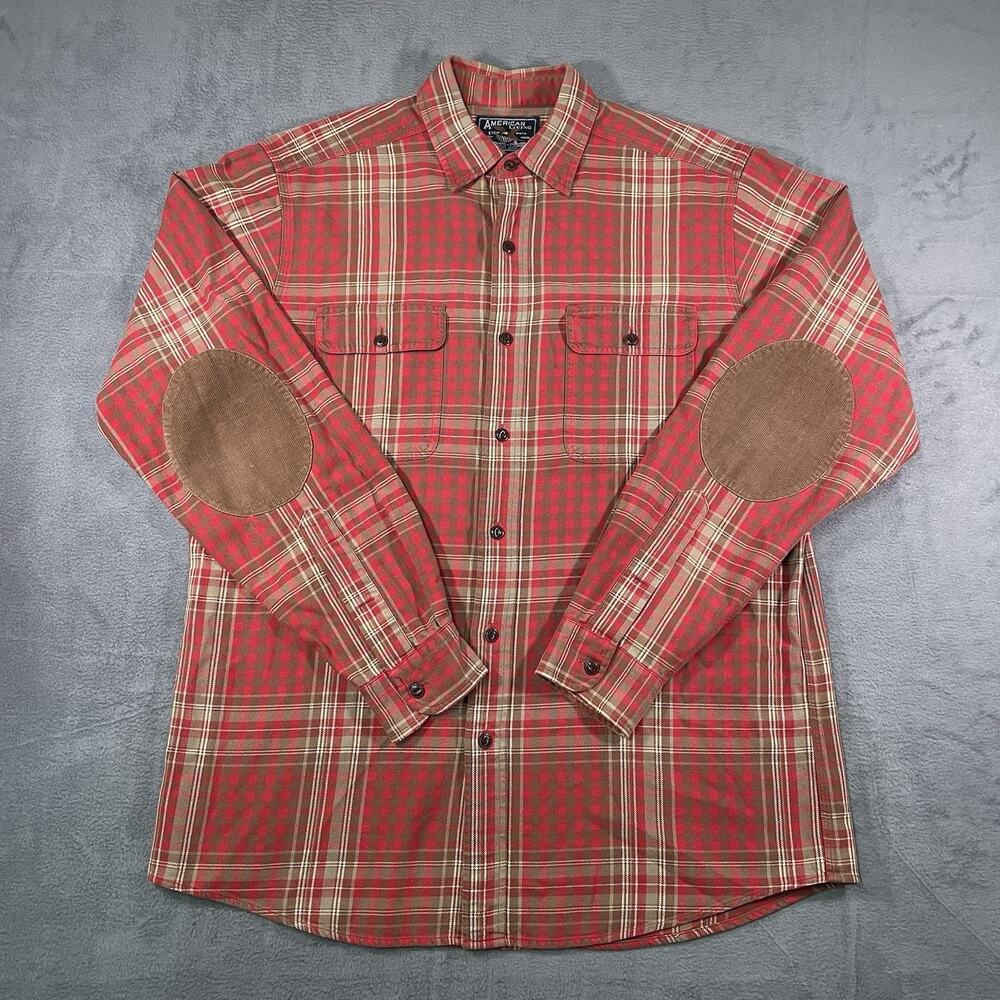 American Living Button Up Shirt Red Plaid Men’s M Cotton Elbow Patch Preppy - Picture 1 of 9